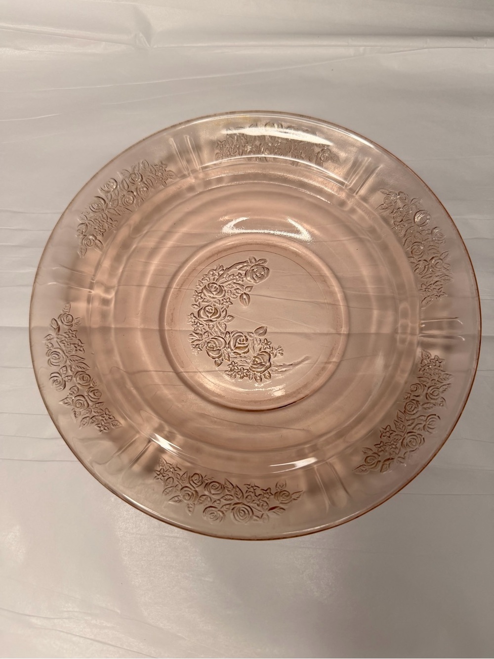Vintage Federal Glass Sharon “Cabbage Rose” pink Depression glass plate, 1930s